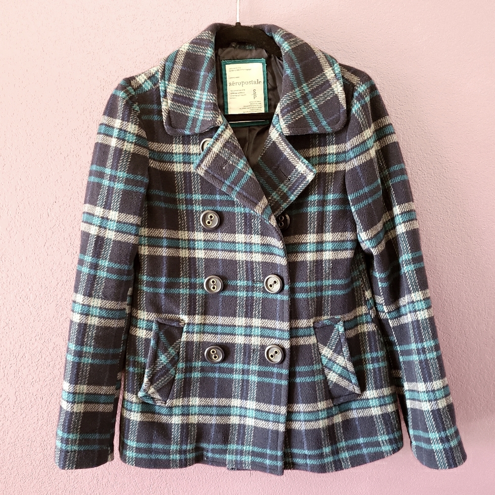 Blue Plaid Peacoat Jacket